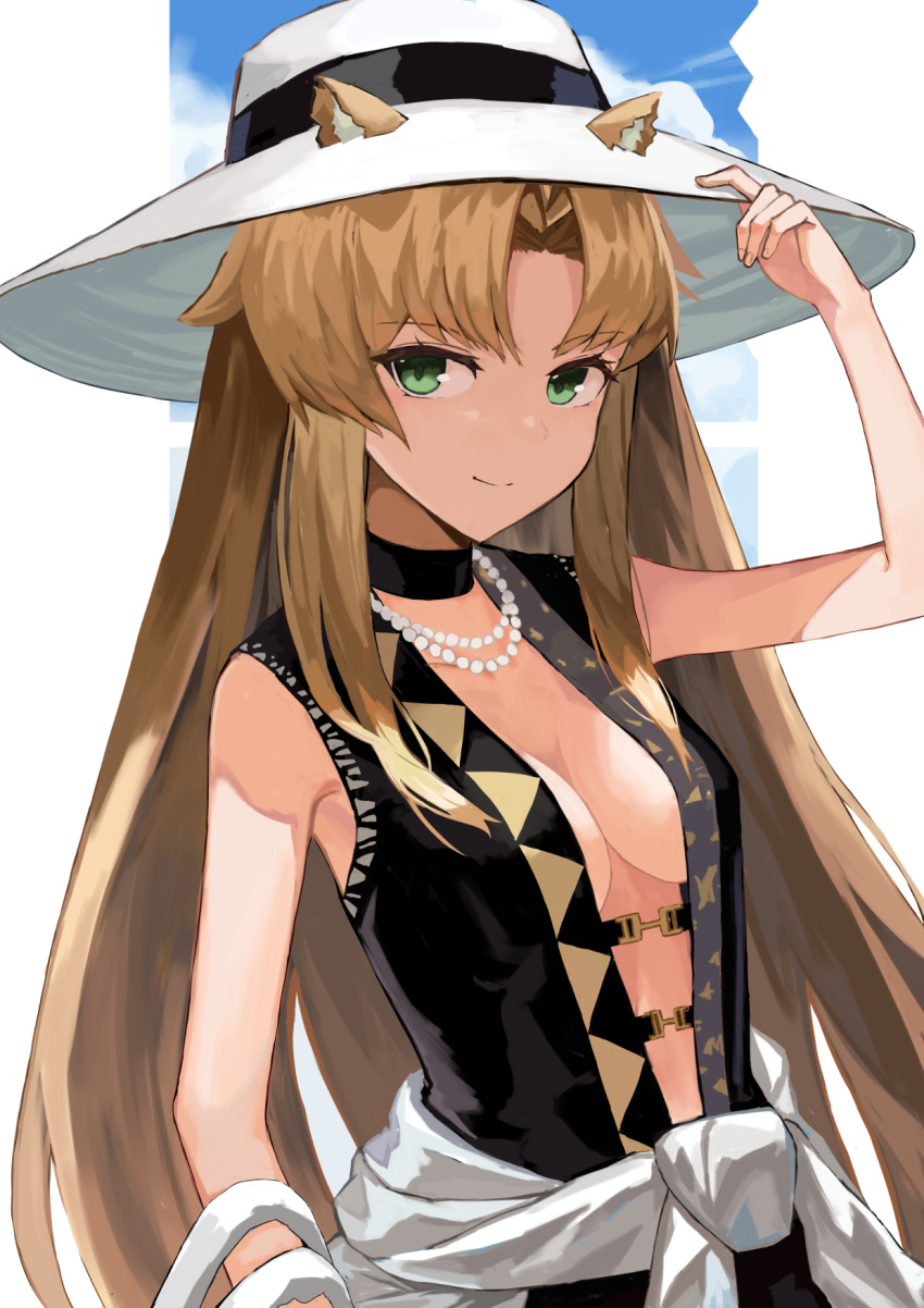 1girl animal_ears arknights black_choker black_swimsuit blonde_hair breasts center_opening choker clothes_around_waist commentary ears_through_headwear edowa green_eyes hand_on_headwear hand_up hat highres jewelry long_hair looking_at_viewer medium_breasts necklace official_alternate_costume one-piece_swimsuit pearl_necklace shirt shirt_around_waist sideboob smile solo sun_hat swimsuit swire_(arknights) tiger_ears upper_body very_long_hair white_headwear white_shirt