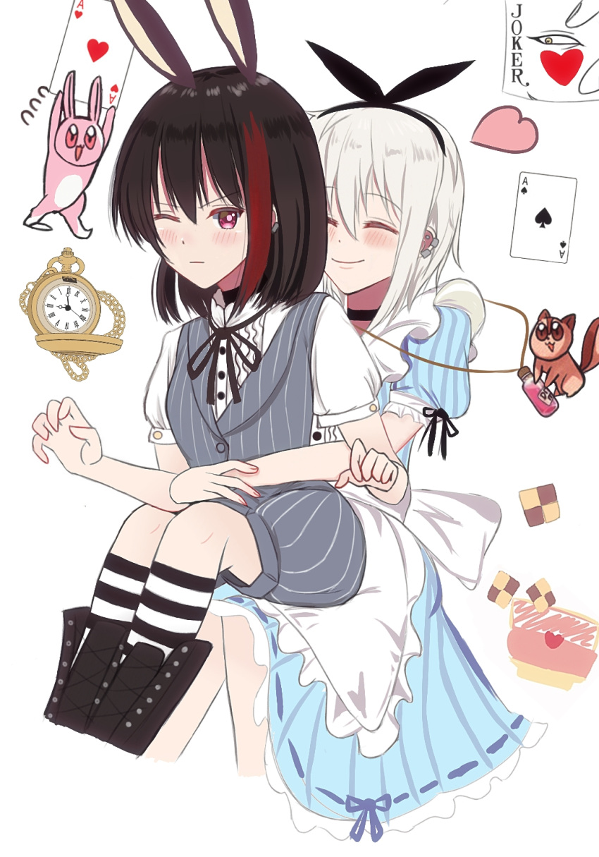 2girls ace_of_hearts ace_of_spades alice_(alice_in_wonderland) alice_(alice_in_wonderland)_(cosplay) alice_in_wonderland animal_ears aoba_moca apron bang_dream! bangs black_choker black_hair black_ribbon blue_dress blush bunny choker clock closed_eyes cosplay dress eyebrows_visible_through_hair fuku_kaitai!!!! grey_hair hair_ribbon heart highres hug hug_from_behind mitake_ran multicolored_hair multiple_girls one_eye_closed purple_eyes rabbit_ears red_hair ribbon short_hair sitting sitting_on_lap sitting_on_person smile squirrel streaked_hair striped striped_legwear white_apron