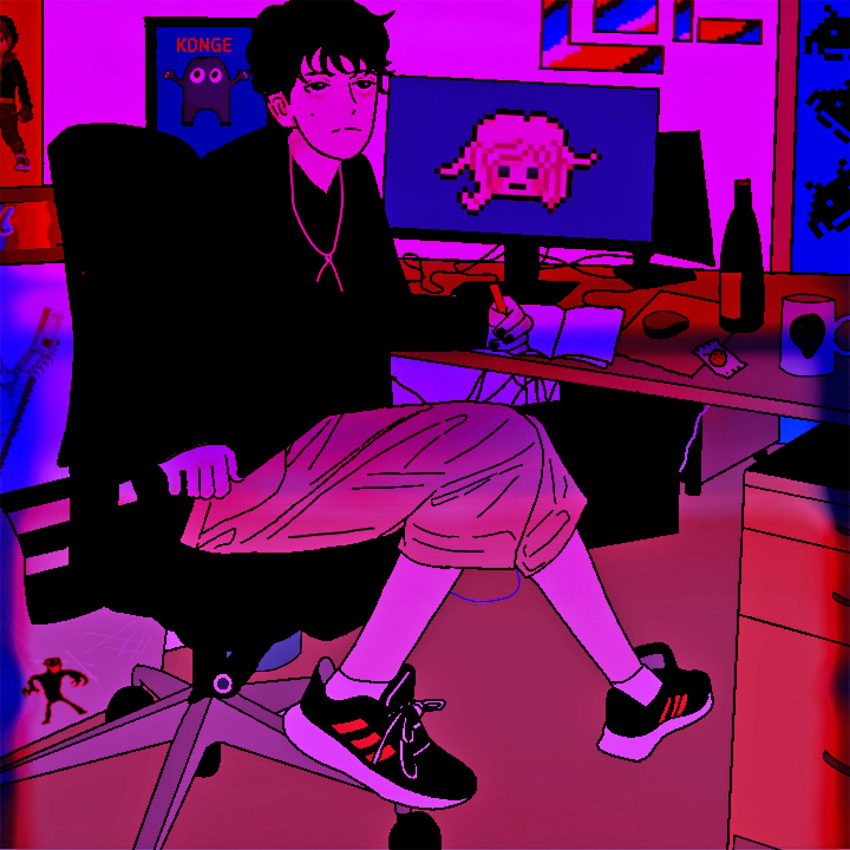 abon absurdres anh_konge black_hair blue_background computer highres night pixel_art room screencap shoes sitting