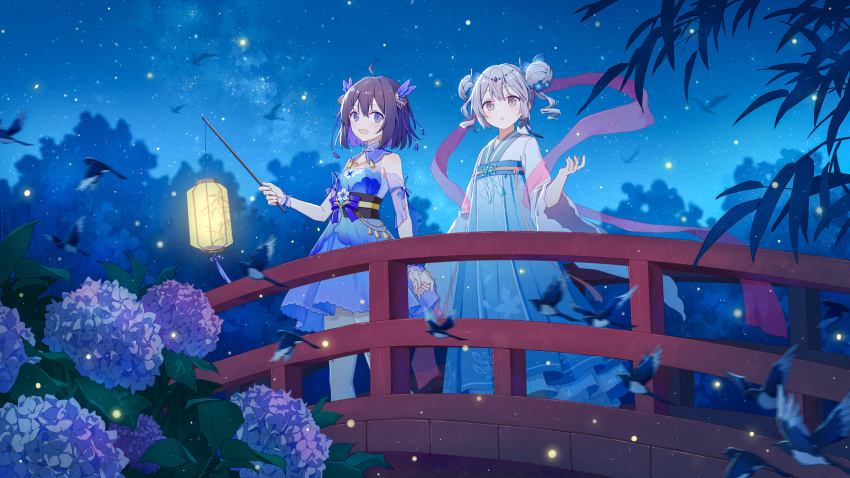 2girls japanese_clothes mimengfeixue night tagme_(character)