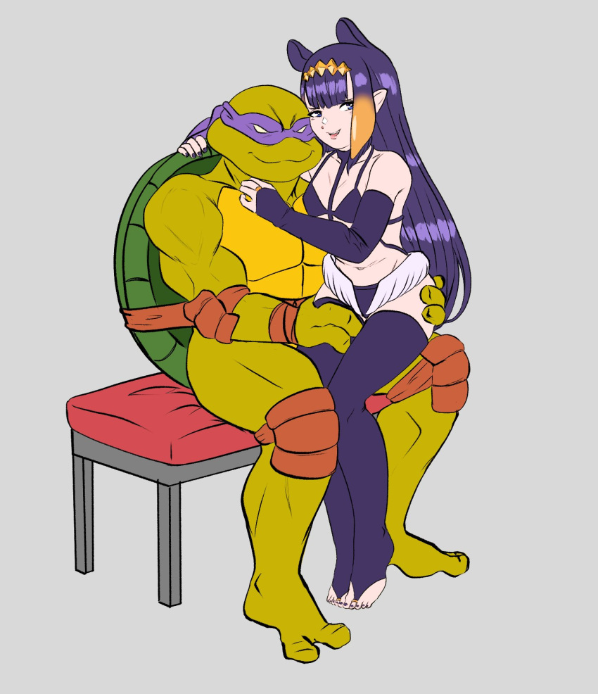 1boy 1girl alternate_costume bangs bench donatello elbow_gloves gloves highres hololive hololive_english long_hair looking_at_viewer low_wings mask multicolored_hair navel ninomae_ina'nis peagade pointy_ears purple_hair shell sitting sitting_on_lap sitting_on_person teenage_mutant_ninja_turtles tentacle_hair thighhighs toeless_legwear turtle virtual_youtuber wings