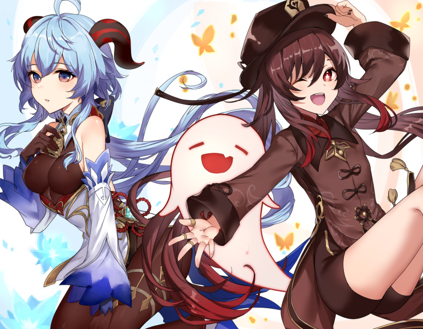 2girls ;d ahoge bangs bare_shoulders bell bike_shorts black_headwear black_shorts blue_hair blush bodystocking brown_gloves brown_legwear bug butterfly chinese_clothes detached_sleeves eyebrows_visible_through_hair flower-shaped_pupils ganyu_(genshin_impact) genshin_impact ghost gloves gradient_hair hand_on_headwear hand_on_own_chest haru_(nakajou-28) horns hu_tao_(genshin_impact) jewelry long_hair long_sleeves looking_at_viewer multicolored_hair multiple_girls multiple_rings one_eye_closed open_mouth outstretched_arm parted_lips pink_eyes red_eyes red_hair ring short_shorts shorts simple_background smile tassel twintails upper_teeth very_long_hair white_background