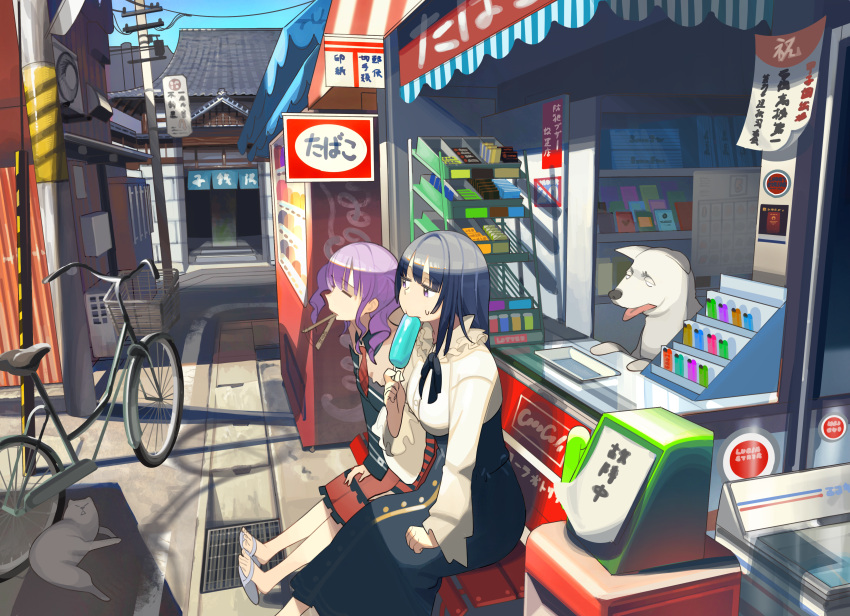 2girls absurdres afterimage alley animal bang_dream! bangs bench bicycle black_hair black_shirt black_skirt breasts building cat closed_eyes commentary_request day dog eyebrows_visible_through_hair feet_out_of_frame food grey_footwear ground_vehicle high-waist_skirt highres holding holding_food huge_filesize kasa_list long_hair long_sleeves medium_breasts multiple_girls outdoors popsicle purple_eyes purple_hair red_skirt sandals shirokane_rinko shirt sitting skirt sleeves_past_wrists sweat translation_request twintails udagawa_ako white_shirt