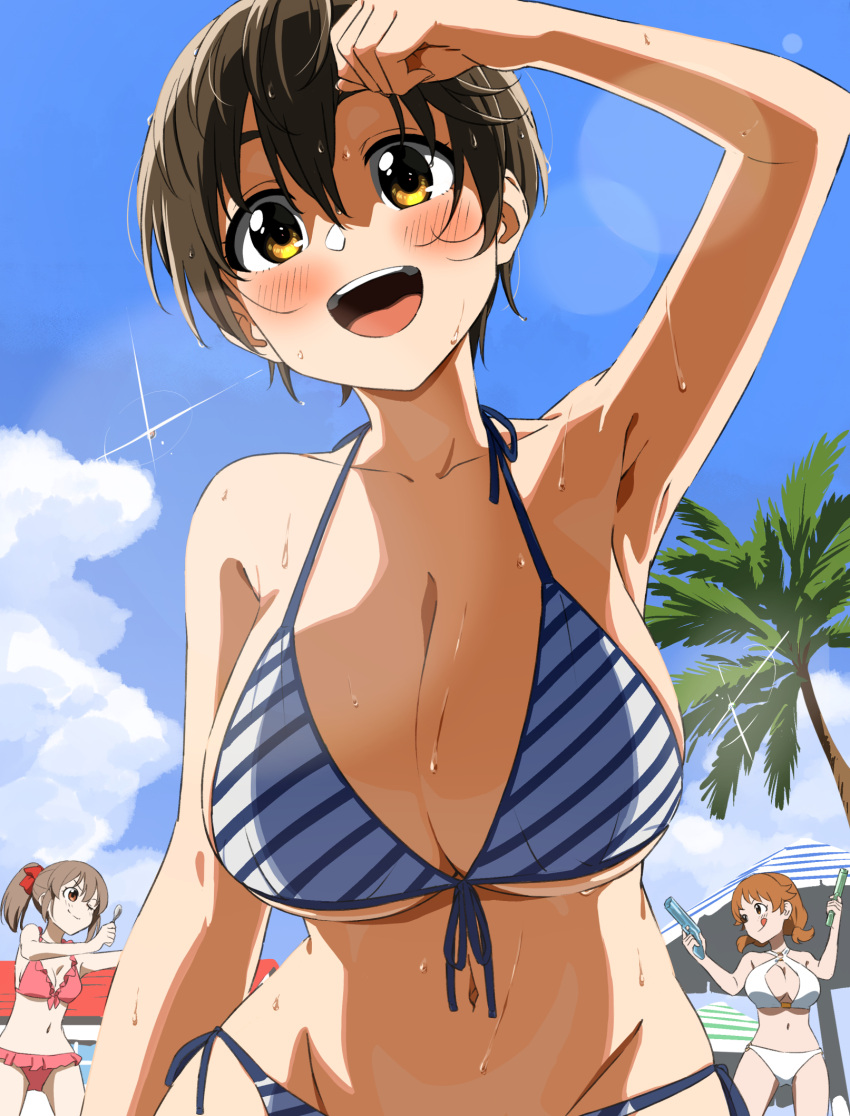 3girls arm_up armpits bikini blue_sky breasts brown_eyes brown_hair cleavage cloud collarbone diagonal-striped_bikini diagonal_stripes dr._gero_(staedtler_0508) dual_wielding hair_between_eyes highres holding holding_spoon hori_yuko huge_breasts idolmaster idolmaster_cinderella_girls katagiri_sanae large_breasts long_hair low_twintails multiple_girls navel oikawa_shizuku one_eye_closed open_mouth outdoors pink_bikini sexy_guilty_(idolmaster) short_hair short_twintails sky smile spoon striped striped_bikini swimsuit twintails water_gun white_bikini