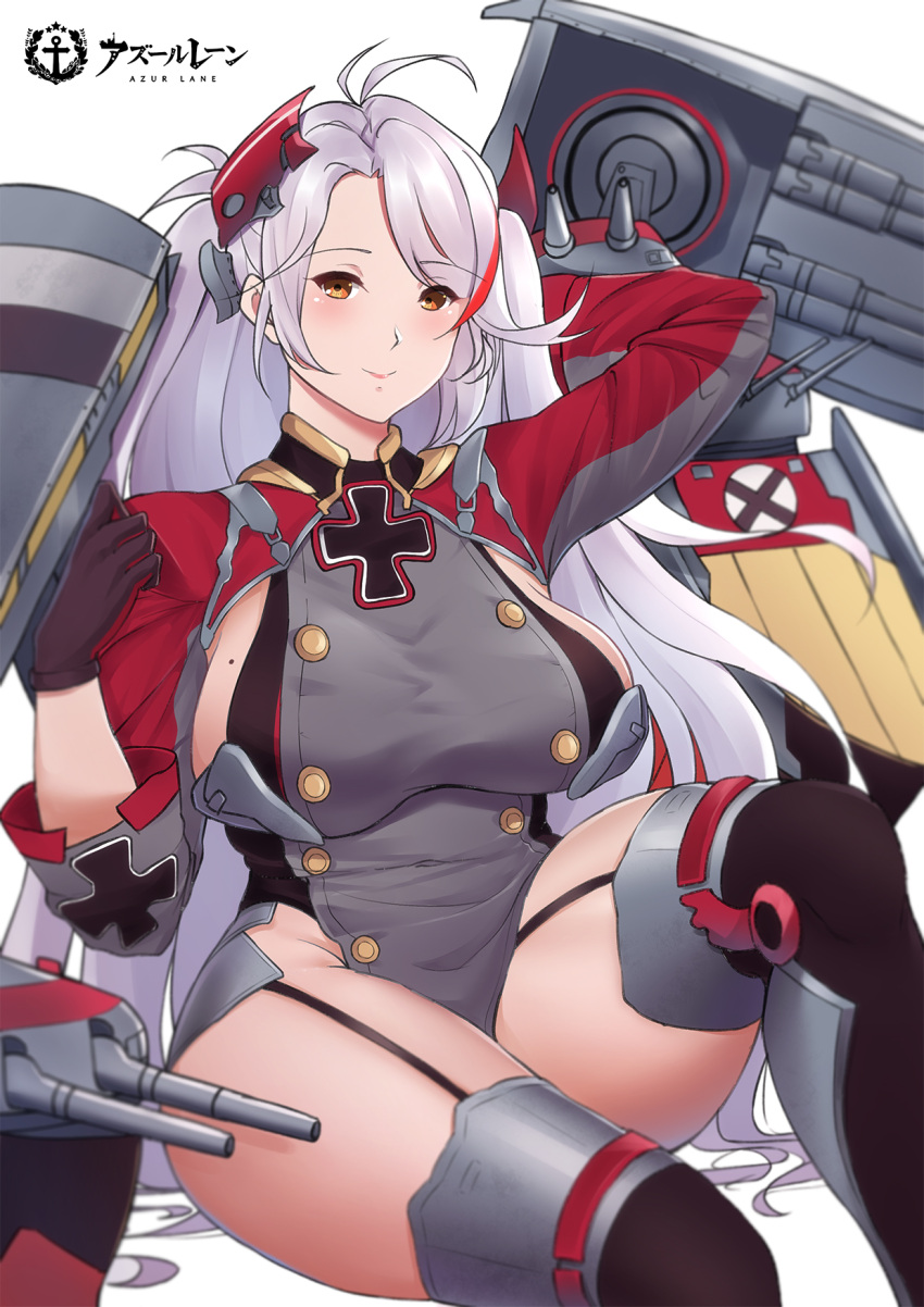 1girl artillery azur_lane breasts brown_gloves buttons garter_straps gloves headgear highres large_breasts light_purple_hair long_hair looking_at_viewer mole mole_on_breast multicolored_hair omenion pelvic_curtain prinz_eugen_(azur_lane) red_hair rigging sideboob simple_background solo streaked_hair thighhighs thighs turret two-tone_hair very_long_hair white_background
