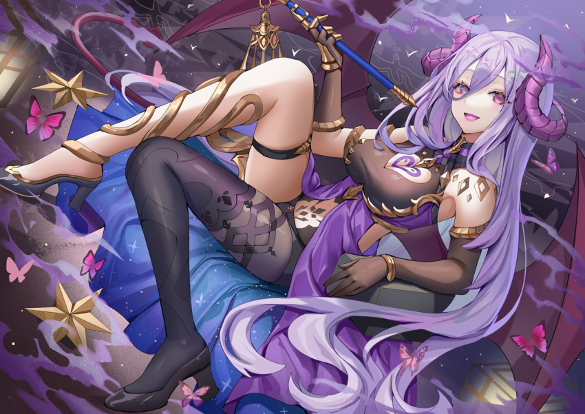 butterfly catherine_(shuumatsu_no_akasha) elbow_gloves garter gloves horns long_hair purple_hair shuumatsu_no_akasha tagme_(artist)