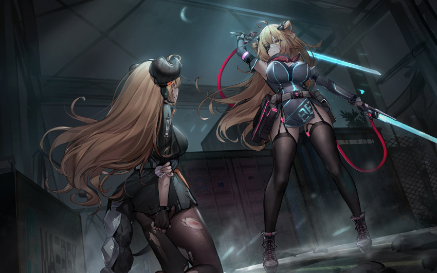 2girls ahoge arm_up belt_pouch black_dress black_gloves blonde_hair boots breasts brown_legwear chain-link_fence commentary container crescent_moon detached_sleeves dk.senie dress dual_wielding eyepatch fence floating_hair garter_straps gloves grey_footwear hair_ornament half_gloves headset holding holding_sword holding_weapon horns injury kneeling large_breasts long_hair long_sleeves looking_at_another moon multiple_girls night original pantyhose parted_lips pouch red_scarf scarf short_dress standing sword symbol-only_commentary thighhighs torn_clothes torn_legwear two_side_up very_long_hair weapon yellow_eyes