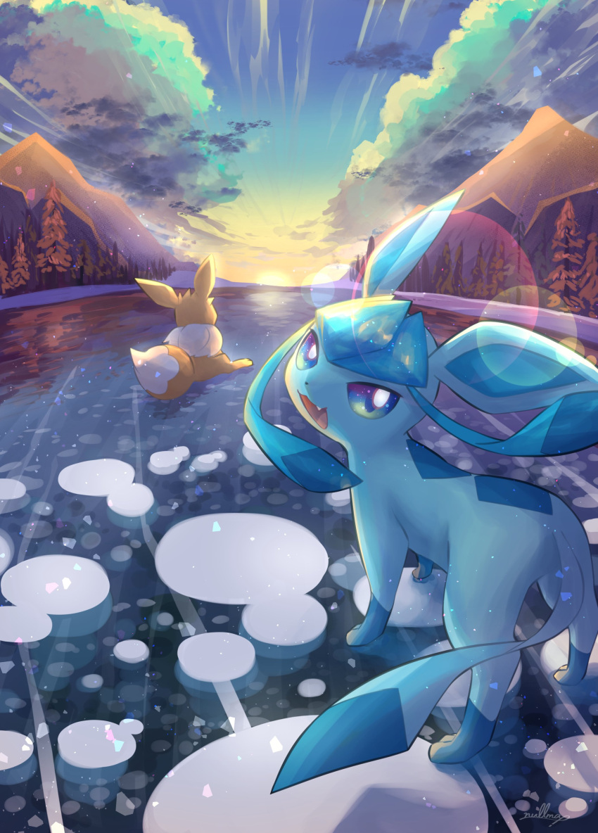 :d absurdres blue_eyes cloud commentary_request day eevee fang gen_1_pokemon gen_4_pokemon glaceon highres looking_at_viewer looking_back no_humans nullma open_mouth outdoors pokemon pokemon_(creature) sky smile tongue tree