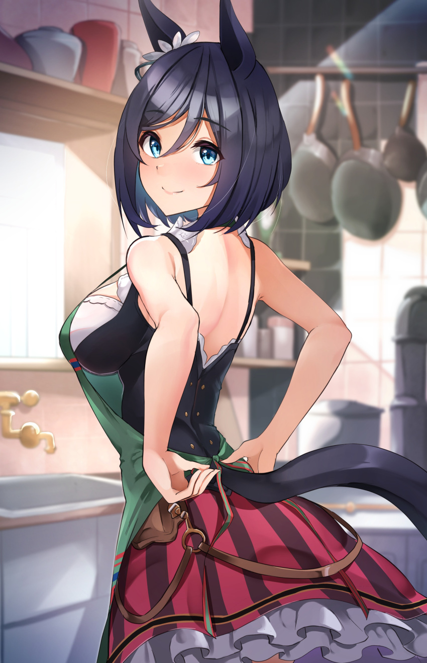 1girl absurdres animal_ears apron bare_arms bare_shoulders black_hair blue_eyes blush closed_mouth eishin_flash_(umamusume) eyebrows_visible_through_hair green_apron highres horse_ears horse_girl horse_tail plaid plaid_skirt red_skirt sezoku short_hair skirt smile solo tail umamusume