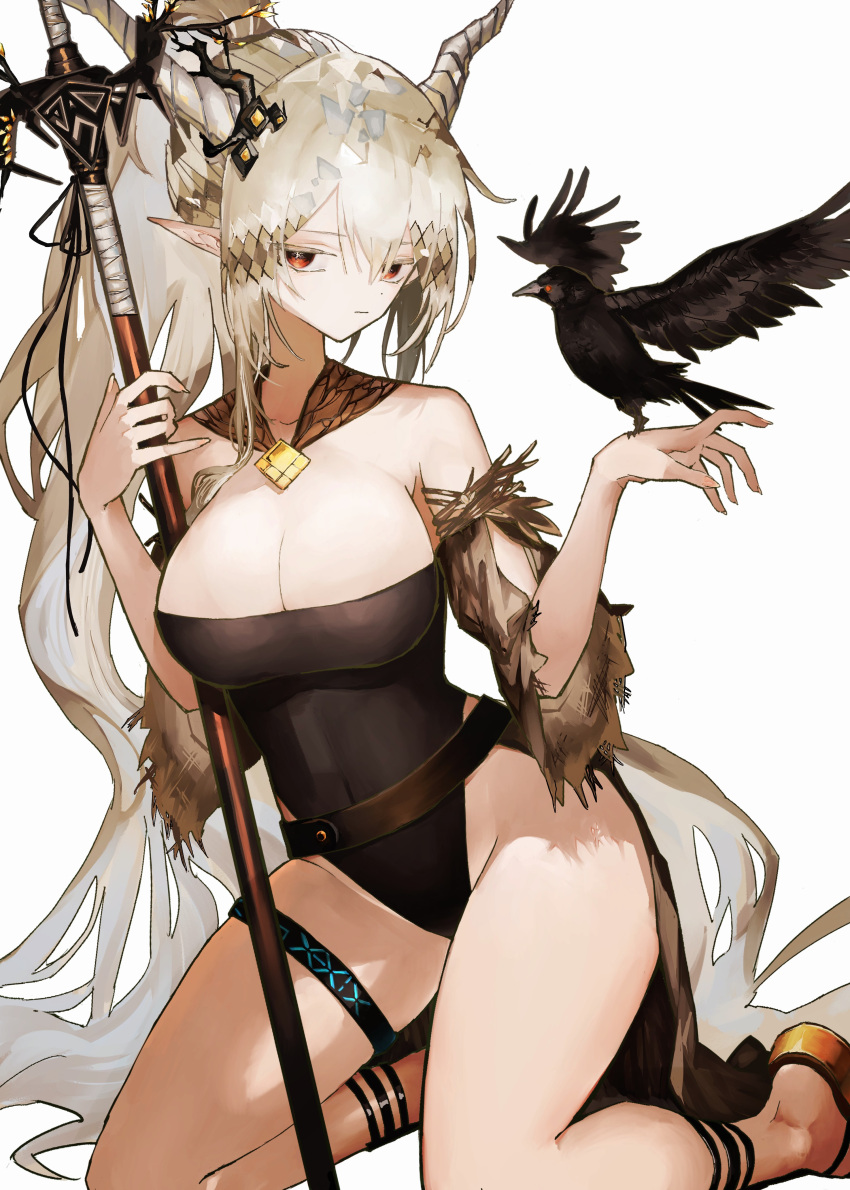 1girl absurdres arknights bangs bare_shoulders bird bird_on_hand black_swimsuit blonde_hair breasts casual_one-piece_swimsuit cleavage closed_mouth commentary detached_sleeves ears_visible_through_hair hair_between_eyes hair_ornament high_ponytail highres horns infection_monitor_(arknights) kensei_(v2) kneeling large_breasts long_hair long_sleeves looking_at_viewer official_alternate_costume one-piece_swimsuit pointy_ears raven_(animal) red_eyes sandals shining_(arknights) shining_(silent_night)_(arknights) solo swimsuit thigh_strap thighs very_long_hair white_background