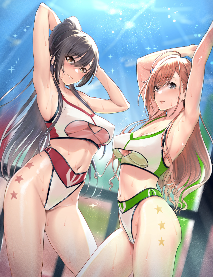 2girls arisugawa_natsuha armpits arms_behind_head arms_up bangs bare_shoulders black_hair blush breasts cleavage grey_eyes hair_between_eyes high_ponytail highres idolmaster idolmaster_shiny_colors kozuka_yasushi large_breasts long_hair looking_at_viewer multiple_girls navel orange_hair ponytail shirase_sakuya smile sweat swept_bangs thighs yellow_eyes