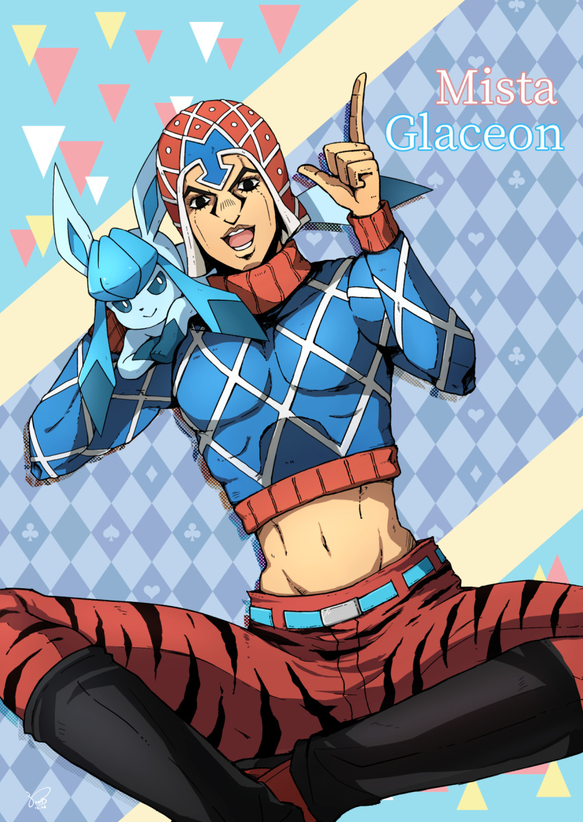 1boy animal_print argyle argyle_background black_eyes black_footwear blue_eyes blue_shirt boots clover club_(shape) commentary_request crossover diamond_(symbol) gen_4_pokemon glaceon guido_mista hat heart highres index_finger_raised jojo_no_kimyou_na_bouken kogawa_(kris_386k) male_focus navel open_mouth pants pointing pointing_up pokemon pokemon_(creature) red_headwear red_pants shirt smile spade_(shape) stomach teeth tiger_print