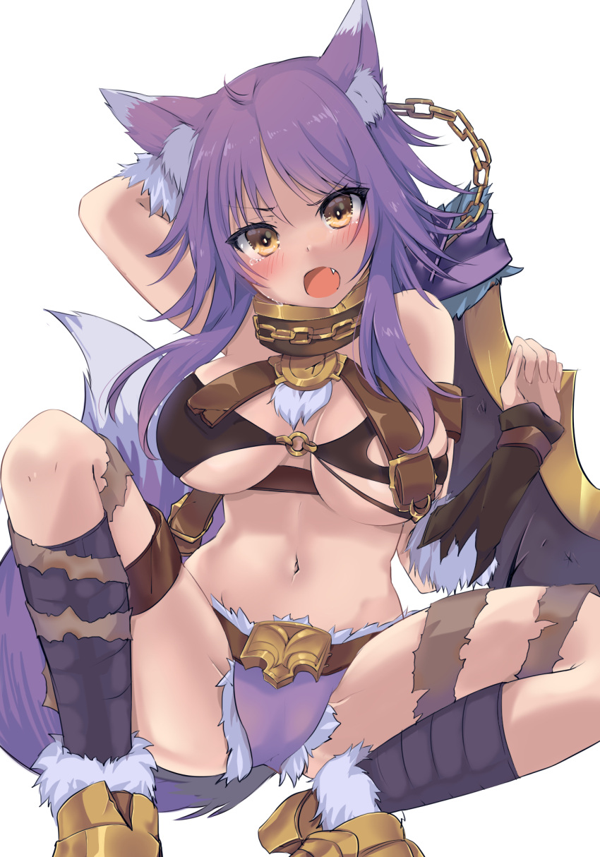 1girl ahoge akahaneko animal_ear_fluff animal_ears arm_behind_head bandages bare_shoulders belt breasts chain cleavage collar crop_top detached_sleeves eyebrows_visible_through_hair fang full_body fur-trimmed_legwear fur-trimmed_sleeves fur_trim highres makoto_(princess_connect!) metal_collar midriff navel o-ring open_mouth princess_connect! purple_hair sharp_teeth sidelocks simple_background solo squatting sword tail tears teeth thigh_strap weapon white_background wolf_ears wolf_girl wolf_tail yellow_eyes