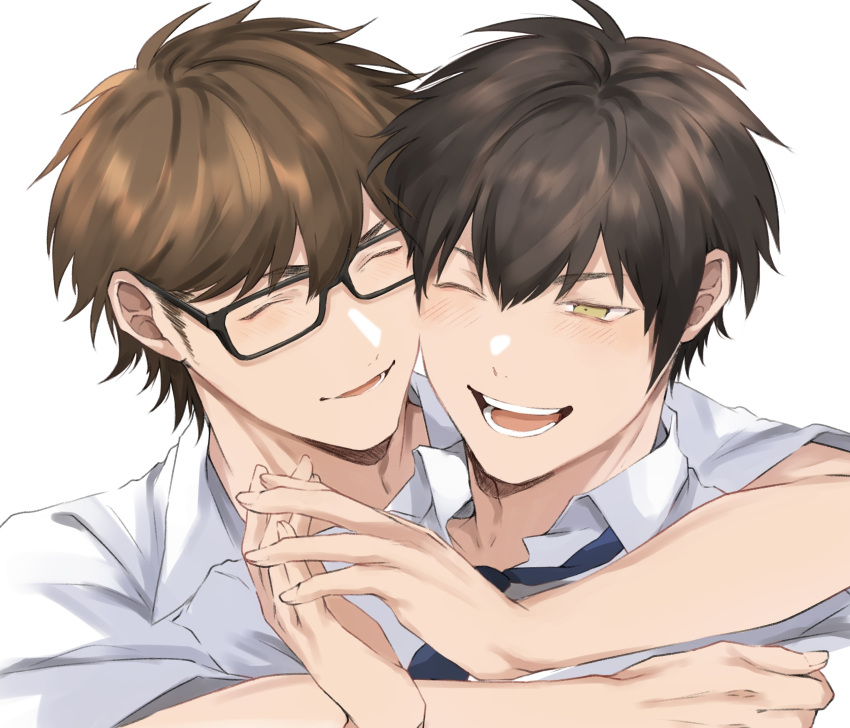 &gt;_o 2boys ace_of_diamond aiaipoponta0605 blush brown_hair cheek-to-cheek closed_eyes couple glasses heads_together highres hug hug_from_behind male_focus miyuki_kazuya multiple_boys necktie one_eye_closed open_mouth sawamura_eijun shirt short_hair sideburns simple_background smile teeth upper_body white_shirt yaoi