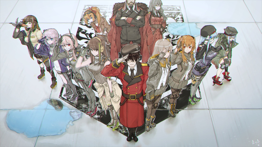 2boys 404_(girls'_frontline) 6+girls alcohol anti-rain_(girls'_frontline) bangs beard beret berezovich_kryuger_(girls'_frontline) black_footwear black_hair black_legwear black_ribbon blue_eyes blunt_bangs braid breasts brown_eyes brown_hair closed_mouth commander_(girls'_frontline) commentary_request dress drinking expressionless eyebrows_visible_through_hair eyepatch eyewear_on_head facial_hair fingerless_gloves full_body g11_(girls'_frontline) girls'_frontline gloves green_eyes green_hair green_jacket grey_hair grifon_&amp;_kryuger grin hair_between_eyes hair_ornament hair_ribbon hairclip hat headgear headphones headset helianthus_(girls'_frontline) highres hk416_(girls'_frontline) jack_daniel's jacket kalina_(girls'_frontline) knee_pads long_hair long_sleeves m16a1_(girls'_frontline) m4_sopmod_ii_(girls'_frontline) m4a1_(girls'_frontline) military military_jacket military_uniform monocle multicolored_hair multiple_boys multiple_girls necktie nose_bubble one_side_up orange_hair pantyhose peagunz pink_hair plaid plaid_skirt puddle red_eyes red_jacket reflection ribbon salute scar scar_across_eye scrunchie serious shirt shoes side_ponytail sidelocks silver_hair single_thighhigh skirt sleeping sleeping_upright smile sneakers st_ar-15_(girls'_frontline) standing streaked_hair sunglasses thighhighs twintails ump45_(girls'_frontline) ump9_(girls'_frontline) uniform white_shirt yellow_eyes