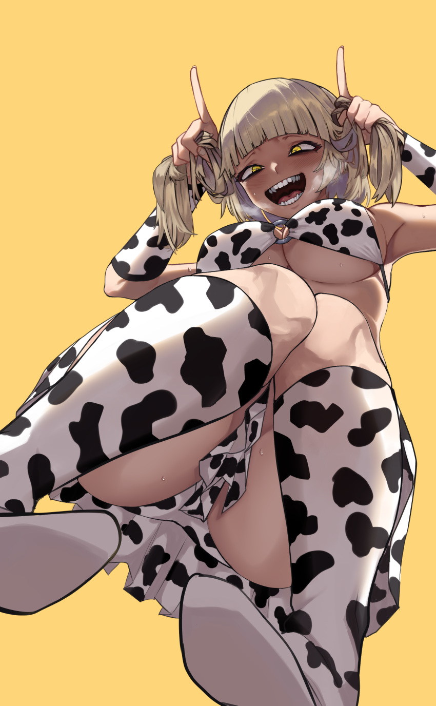 1girl :d alternate_costume alternate_hairstyle animal_print ass bangs bikini blunt_bangs boku_no_hero_academia boots breasts cow_print crazy_eyes crazy_smile elbow_gloves fangs fingerless_gloves floating frilled_bikini_bottom from_below gloves highres holding holding_hair kneehighs kobi420 looking_at_viewer looking_down medium_breasts o-ring o-ring_bikini open_mouth pointing pointing_up simple_background smile solo steam sweat sweatdrop swimsuit teeth thighs toga_himiko underboob yellow_background yellow_eyes