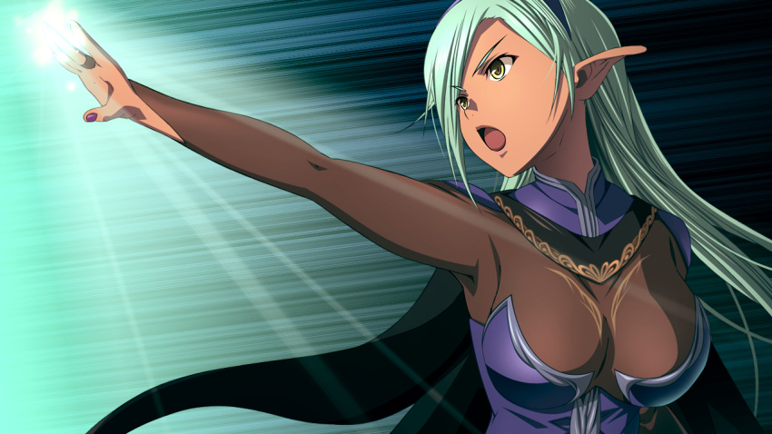 1girl aqua_hair black_cape blue_hairband breasts brown_bodysuit cape dark-skinned_female dark_elf dark_skin denetia_(guild_master) elf floating_hair game_cg guild_master_(game) hairband large_breasts long_hair m&amp;m nail_polish official_art open_mouth outstretched_arm pointy_ears purple_nails solo upper_body very_long_hair yellow_eyes