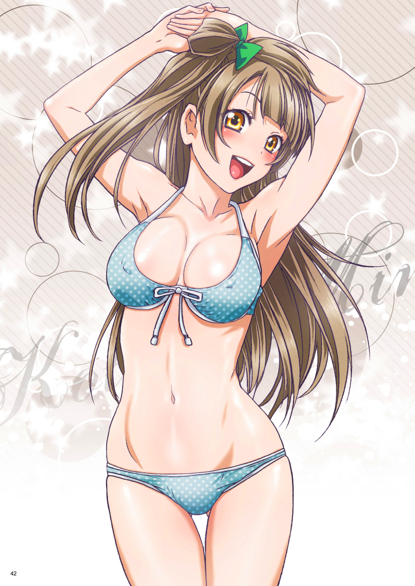 1girl absurdres armpits arms_up ass_visible_through_thighs bikini bow breasts brown_hair character_name cleavage collarbone covered_nipples cowboy_shot diagonal_stripes floating_hair front-tie_bikini front-tie_top green_bow grey_background groin hair_bow halterneck highres long_hair love_live! love_live!_school_idol_project medium_breasts minami_kotori nanno_koto navel page_number polka_dot polka_dot_bikini ribbon shiny shiny_hair shiny_skin side_ponytail solo standing striped striped_background swimsuit thigh_gap very_long_hair white_ribbon