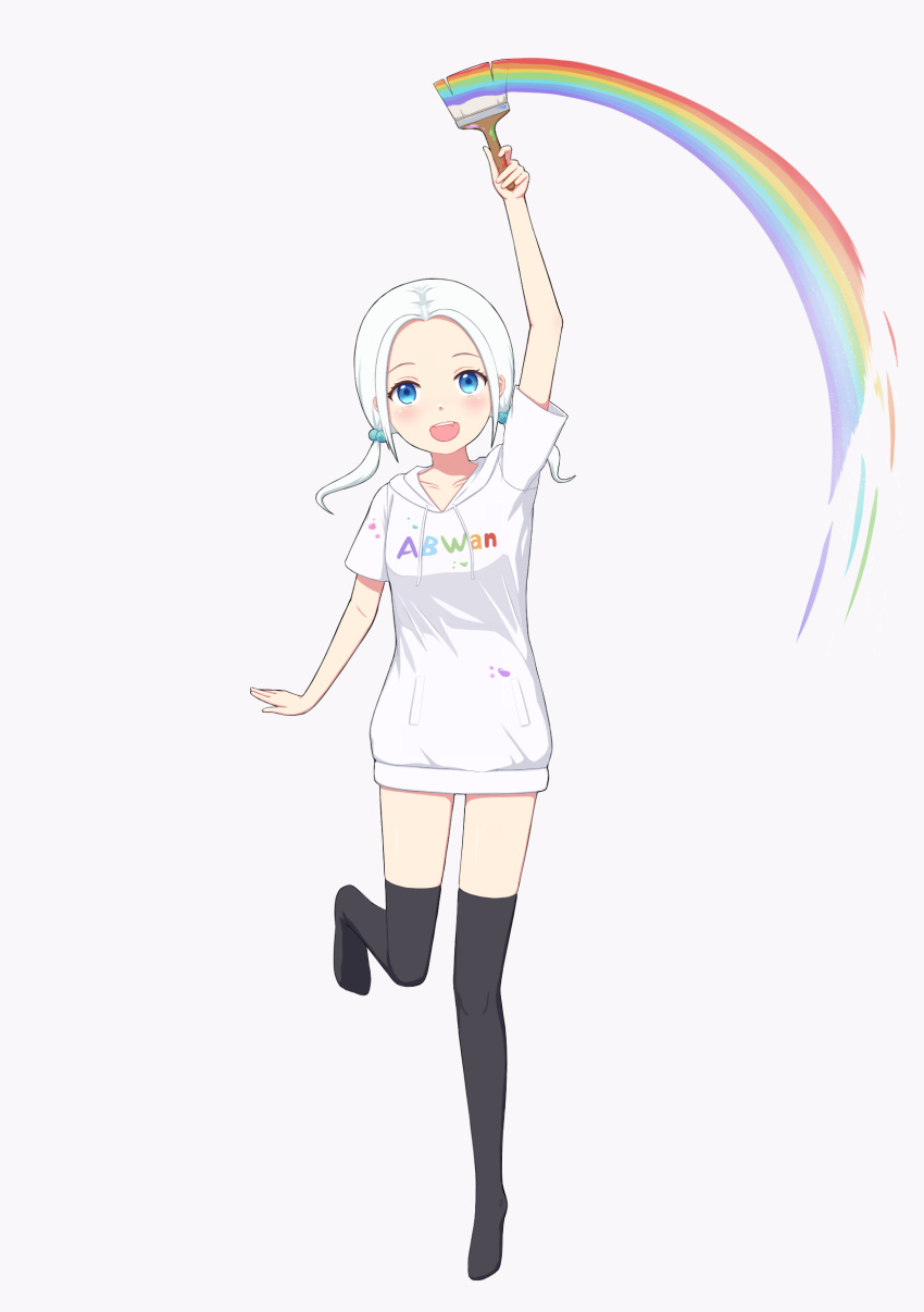 1girl :d absurdres abwan arm_up bangs black_legwear blue_eyes blush breasts clothes_writing commentary_request drawstring forehead grey_background highres holding holding_paintbrush hood hood_down hoodie long_hair looking_at_viewer low_twintails no_shoes open_mouth original paintbrush parted_bangs rainbow_order short_sleeves simple_background small_breasts smile solo thighhighs twintails upper_teeth white_hair white_hoodie