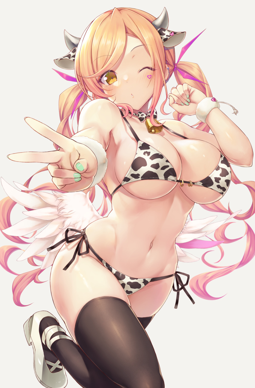1girl ;o animal_ears animal_print aqua_nails bangs bare_shoulders bell bikini black_legwear black_ribbon blonde_hair blush breasts brown_eyes cleavage cow_ears cow_horns cow_print cowbell emanon123 eyebrows_visible_through_hair facial_mark feathered_wings foreshortening hand_up heart highres horns large_breasts leg_up long_hair looking_at_viewer low_wings multicolored_hair nail_polish navel neck_bell one_eye_closed original outstretched_arm parted_lips pink_hair print_bikini ribbon shoes side-tie_bikini solo standing standing_on_one_leg stomach swept_bangs swimsuit thighhighs twintails two-tone_hair v white_footwear white_wings wings wrist_cuffs