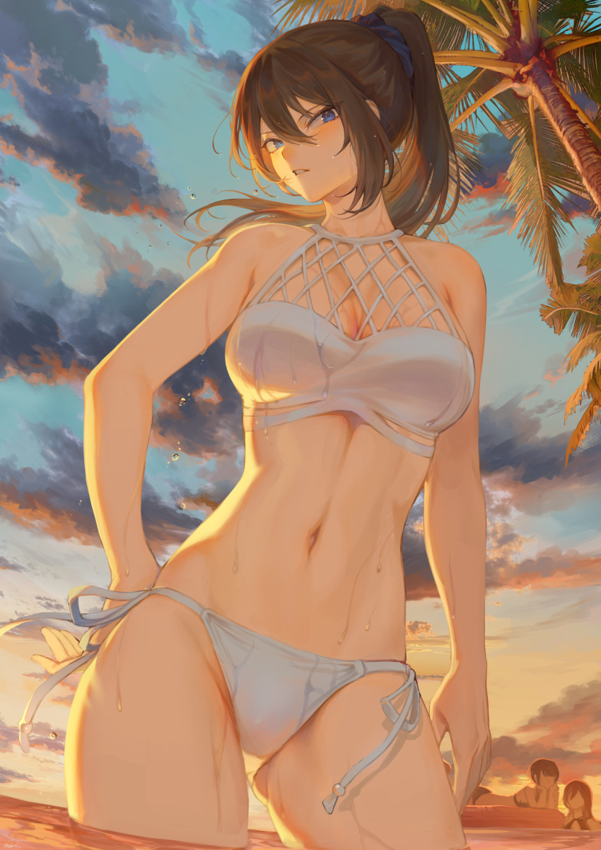 3girls ass_visible_through_thighs bare_arms bare_shoulders bikini blue_eyes breasts brown_hair cleavage cloud cloudy_sky contrapposto cowboy_shot hair_between_eyes hair_ornament hair_scrunchie hand_on_hip highres large_breasts long_hair mashuu_(neko_no_oyashiro) multiple_girls navel ocean oomikado_aoi oomikado_himari oomikado_itsuki original outdoors palm_tree parted_lips partially_submerged scrunchie side-tie_bikini sky solo_focus stomach swimsuit thighs tied_hair tree wading water wet white_bikini