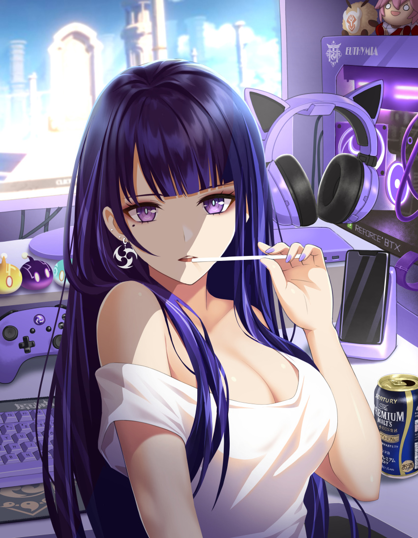 1girl absurdres alternate_costume alternate_hairstyle bangs bare_shoulders beer_can blunt_bangs breasts can cellphone character_doll cleavage controller earrings game_controller genshin_impact headphones highres hilichurl_(genshin_impact) indoors jewelry keyboard_(computer) large_breasts looking_at_viewer mole mole_under_eye off-shoulder_shirt off_shoulder open_mouth phone purple_eyes purple_hair raiden_shogun shirt single_earring smartphone solo sony_kisaragi upper_body white_shirt