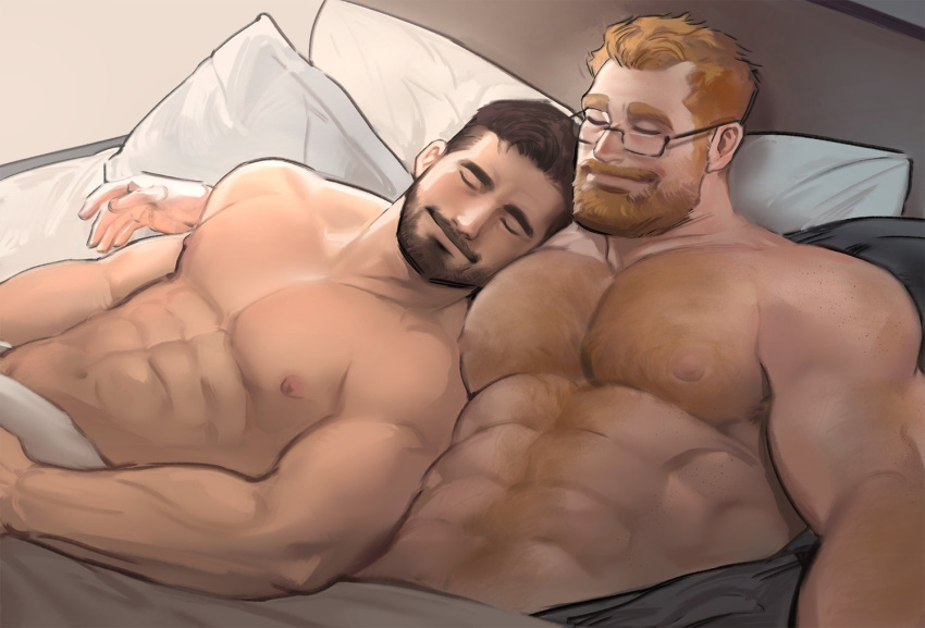 2boys abs arm_hair bara bare_pectorals beard bed_sheet black-framed_eyewear chest_hair couple facial_hair glasses hairy jang_ju_hyeon large_pectorals male_focus mature_male multiple_boys muscular muscular_male mustache naked_sheet navel navel_hair nipples on_bed orange_hair original pectoral_pillow pectorals short_hair sleeping sleeping_on_person smile stomach thick_eyebrows yaoi