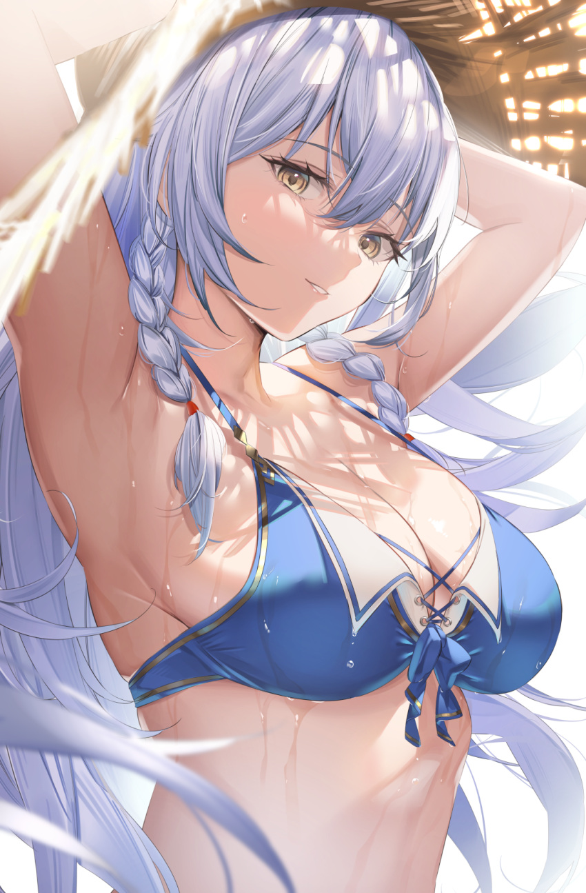 1girl arm_behind_head armpits arms_up bangs bikini blue_bikini braid breasts brown_headwear cleavage commentary eyebrows_visible_through_hair granblue_fantasy hair_between_eyes halter_top halterneck hand_on_headwear hat highres large_breasts long_hair looking_at_viewer parted_lips sg_(satoumogumogu) silva_(granblue_fantasy) silver_hair simple_background solo straw_hat sun_hat swimsuit twin_braids upper_body wet white_background yellow_eyes