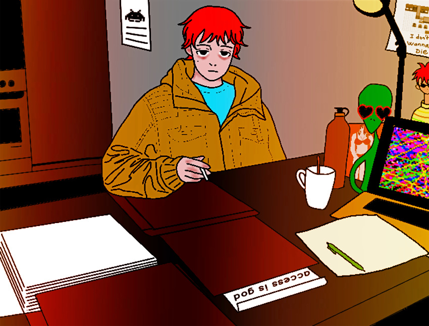 1boy absurdres alien anh_konge artbook highres huge_filesize incredibly_absurdres paper pen pixel_art red_hair room screen_light table virus