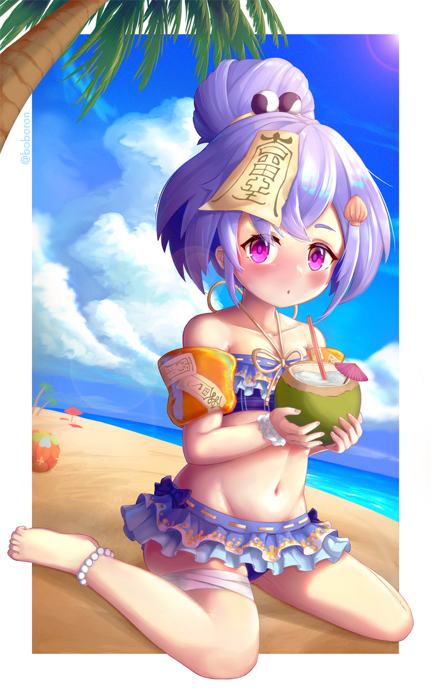 1girl alternate_costume alternate_hairstyle anklet bandaged_leg bandages bangs bare_legs bare_shoulders barefoot beach bikini blue_sky blush cloud cloudy_sky coconut coconut_tree collarbone commentary_request drinking_straw eyebrows_visible_through_hair eyes_visible_through_hair frilled_bikini frills genshin_impact groin hair_between_eyes hair_bobbles hair_bun hair_ornament highres holding horizon jewelry jiangshi long_hair looking_at_viewer midriff navel nozo.me ocean ofuda orb palm_tree parted_lips purple_eyes purple_hair qiqi_(genshin_impact) scrunchie shell_hair_ornament sidelocks sitting sky solo spaghetti_strap swimsuit tree wariza wrist_scrunchie yin_yang yin_yang_orb