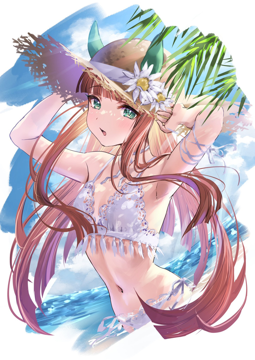 1girl animal_ears armpits bangs bikini blue_sky blunt_bangs breasts cloud day eyebrows_visible_through_hair flower flower_hat green_eyes hat highres horse_ears horse_girl long_hair looking_at_viewer misekiss navel ocean orange_hair silence_suzuka_(umamusume) sky small_breasts solo straw_hat swimsuit umamusume white_bikini