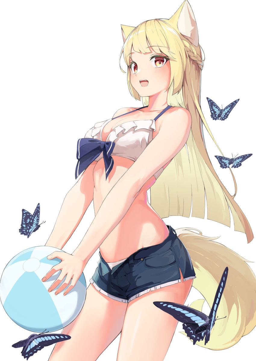1girl absurdres animal_ears ball beach_volleyball beachball bikini blonde_hair braid bug butterfly cat_ears clothing_cutout crop_top from_side highres mikisai navel navel_cutout open_fly original shorts solo swimsuit tail white_background