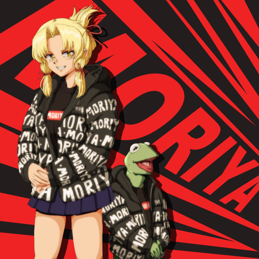 1girl 1other alternate_costume black_shirt blonde_hair drip_(meme) english_text hair_ribbon headwear_removed highres hood hoodie kermit_the_frog looking_to_the_side meme_attire miniskirt moriya_suwako muppets retro_artstyle ribbon shirt skirt smile step_arts the_north_face thighs tied_hair touhou yellow_eyes