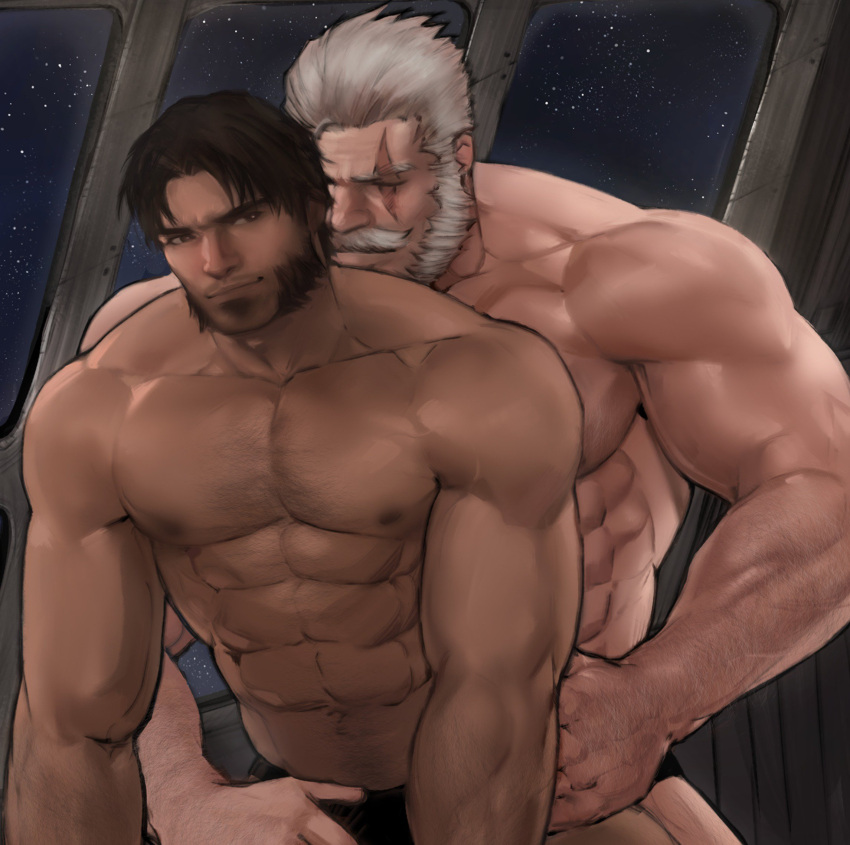 2boys abs age_difference arm_hair bara beard black_male_underwear briefs bulge chest_hair couple crotch_grab dark-skinned_male dark_skin facial_hair hands_on_another's_hips highres imminent_penetration interracial jang_ju_hyeon kissing_back large_pectorals male_focus male_underwear mature_male mccree_(overwatch) multiple_boys muscular muscular_male mustache navel nipples old old_man overwatch pectorals reinhardt_(overwatch) reversible_couple reward_available short_hair sideburns stomach thick_eyebrows thick_thighs thighs underwear underwear_only yaoi