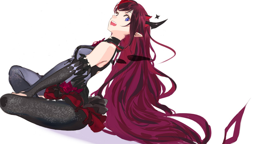 1girl black_hair blue_eyes butterfly_sitting detached_wings hands_on_feet heterochromia holding_own_foot hololive hololive_english horns irys_(hololive) long_hair looking_at_viewer looking_to_the_side multiple_horns pako red_hair single_legging sitting smile solo v_arms very_long_hair virtual_youtuber wings