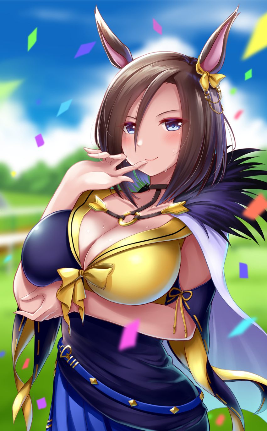 1girl air_groove_(umamusume) animal_ears arm_under_breasts belt blue_eyes blue_skirt blurry blurry_background blush bow breast_hold breast_rest breasts brown_hair cape cleavage cloud confetti dress ear_ornament finger_to_mouth fur_collar fur_trim hair_between_eyes hair_ornament hand_up highres horse_ears horse_girl large_breasts looking_at_viewer medium_hair o-ring reward_available ribbon ribbon_trim skirt sky smile solo strapless strapless_dress sweatdrop umamusume yuki_mizore