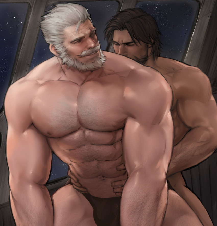 2boys abs age_difference arm_hair bara beard black_male_underwear briefs bulge chest_hair couple dark-skinned_male dark_skin facial_hair hands_on_another's_hips highres imminent_penetration interracial jang_ju_hyeon kissing_back large_pectorals male_focus male_underwear mature_male mccree_(overwatch) multiple_boys muscular muscular_male mustache navel nipples old old_man overwatch pectorals reinhardt_(overwatch) reversible_couple reward_available short_hair sideburns stomach thick_eyebrows thick_thighs thighs underwear underwear_only yaoi