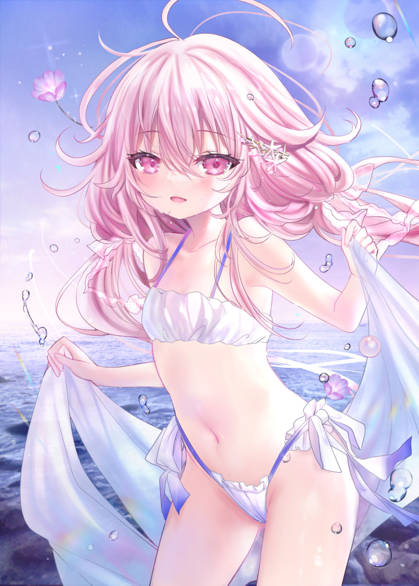 1girl :d absurdres bangs bare_arms bare_shoulders bikini blue_sky blush breasts cloud collarbone commentary day eyebrows_visible_through_hair flower frilled_bikini frills hair_between_eyes hair_flower hair_ornament highleg highleg_bikini highres holding horizon long_hair low_twintails navel ocean open_mouth original outdoors pink_eyes pink_flower pink_hair shiodome_oji sky small_breasts smile solo swimsuit symbol-only_commentary twintails very_long_hair water water_drop white_bikini white_flower