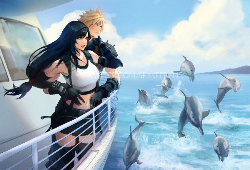 1boy 1girl :d armor black_gloves black_hair black_legwear black_skirt blonde_hair blue_eyes breasts cloud_strife commission crop_top cruise_ship dolphin elbow_gloves english_commentary final_fantasy final_fantasy_vii final_fantasy_vii_remake gloves highres hug long_hair low-tied_long_hair materia medium_breasts midriff navel ocean open_mouth outdoors parted_lips railing red_eyes shoulder_armor skirt sleeveless sleeveless_turtleneck smile spiked_hair spykeee1945 suspender_skirt suspenders tank_top thighhighs thighs tifa_lockhart turtleneck twitter_username watermark web_address white_tank_top window wrist_grab zettai_ryouiki