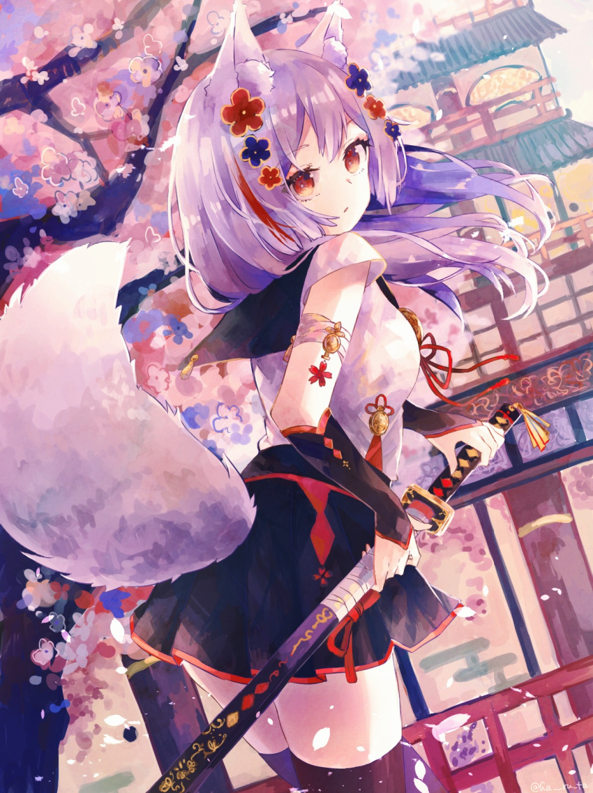 animal_ears bandages ha__ru_ta kitsune seifuku skirt_lift sword tail thighhighs