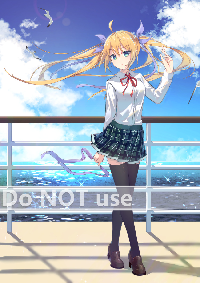 1girl black_legwear blonde_hair blue_sky breasts brown_footwear cloud collared_shirt commentary_request day dress_shirt english_text floating_hair green_skirt hair_ribbon hand_up high_heels highres horizon loafers long_hair long_sleeves looking_at_viewer mo_(pixiv9929995) neck_ribbon ocean original outdoors plaid plaid_skirt pleated_skirt purple_ribbon railing red_ribbon ribbon shirt shoes skirt sky small_breasts solo thighhighs twintails very_long_hair water watermark white_shirt