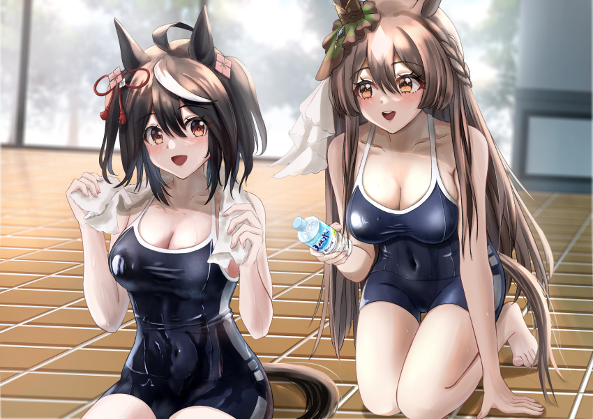 animal_ears cleavage kitasan_black_(umamusume) satono_diamond_(umamusume) school_swimsuit swimsuits tail tikichin0229 uma_musume_pretty_derby