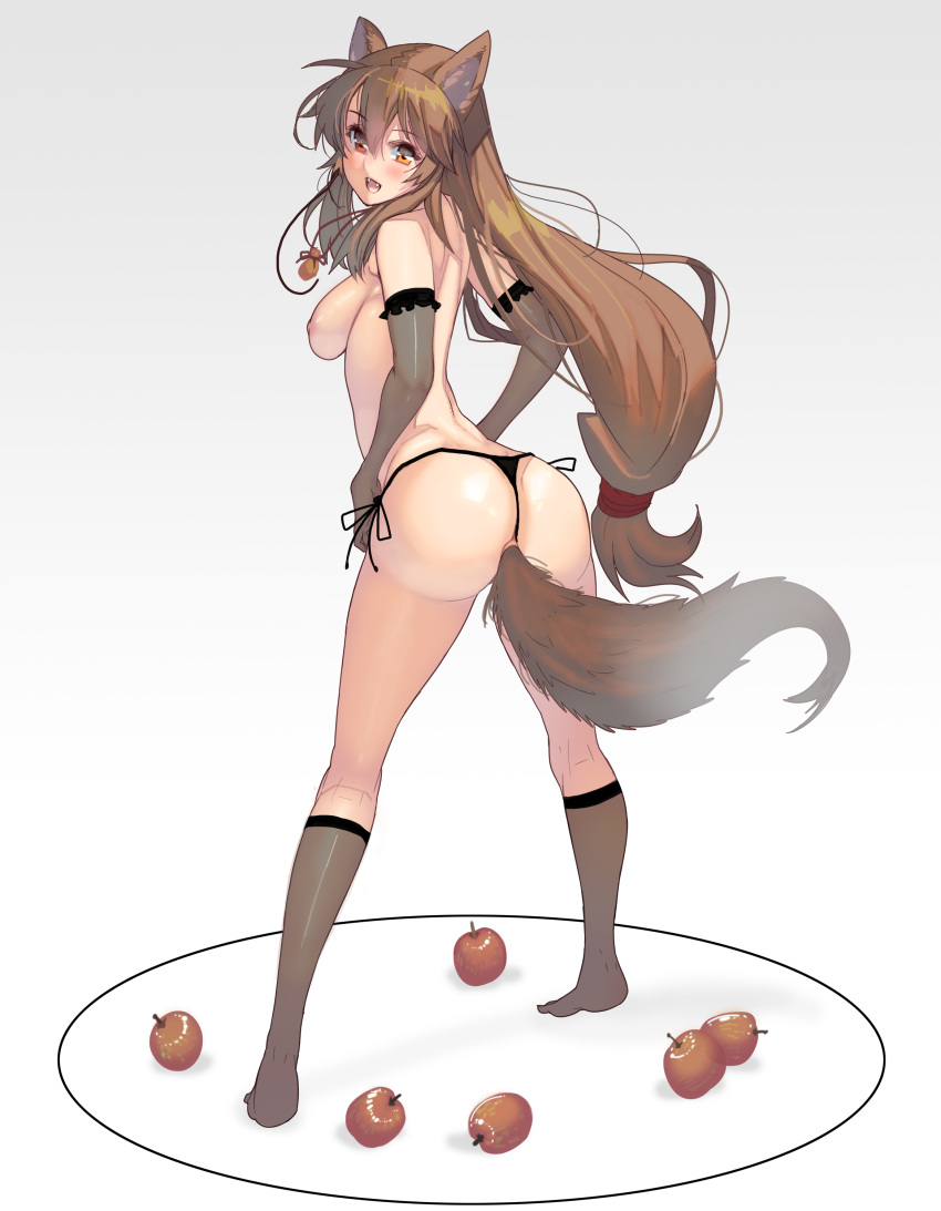 1girl absurdres alternate_hairstyle anal_tail animal_ears apple ass bangs black_panties breasts brown_hair elbow_gloves eyebrows_visible_through_hair fake_tail fangs food from_behind fruit gloves hands_on_hips highres holo long_hair looking_back low-tied_long_hair masao medium_breasts nipples open_mouth panties ponytail pouch side-tie_panties spice_and_wolf standing tail topless underwear white_background wolf_ears wolf_tail