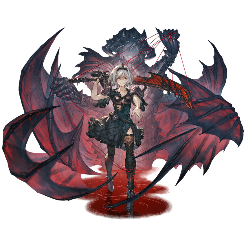 1girl alter_ego_conjurer_(granblue_fantasy) armor bare_arms belt black_dress black_legwear black_nails bob_cut buckle crazy_eyes crazy_smile dark_persona djeeta_(granblue_fantasy) dress faceless faceless_female granblue_fantasy hairband official_alternate_costume official_art open_mouth outstretched_arm puppet_strings red_eyes ripples shaded_face shoulder_armor shoulder_pads silver_hair smile solo spiked_hairband spikes sword thighhighs torn_clothes transparent_background walking weapon wings