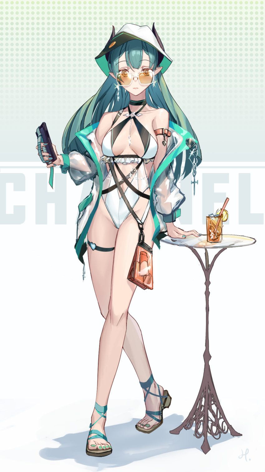 1girl bangs barefoot_sandals breasts breasts_apart bucket_hat cellphone center_opening chinese_commentary cleavage collarbone criss-cross_halter cup demon_girl demon_horns drinking_straw green_hair green_nails halterneck han_(ozrfour) hat highres holding holding_phone horns karon_(vtuber) karon_official long_hair looking_over_eyewear medium_breasts nijisanji phone pointy_ears smartphone solo sunglasses swimsuit table tinted_eyewear virtual_youtuber virtuareal white_headwear white_swimsuit