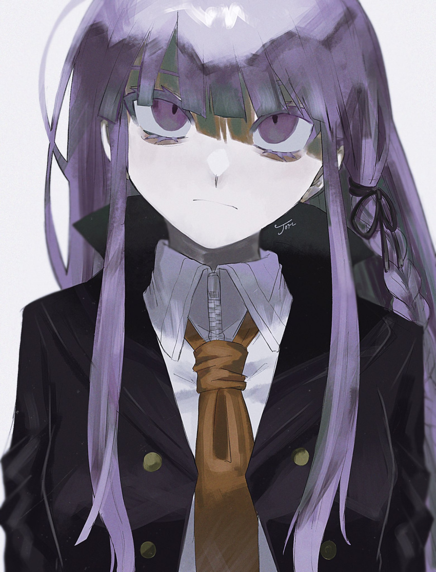 1girl bangs black_jacket black_ribbon blunt_bangs braid brown_neckwear closed_mouth collared_shirt commentary danganronpa:_trigger_happy_havoc danganronpa_(series) frown hair_ribbon highres jacket joh_pierrot kirigiri_kyouko long_hair looking_at_viewer necktie purple_eyes purple_hair ribbon shiny shiny_hair shiny_skin shirt side_braid simple_background single_braid solo striped upper_body white_background white_shirt