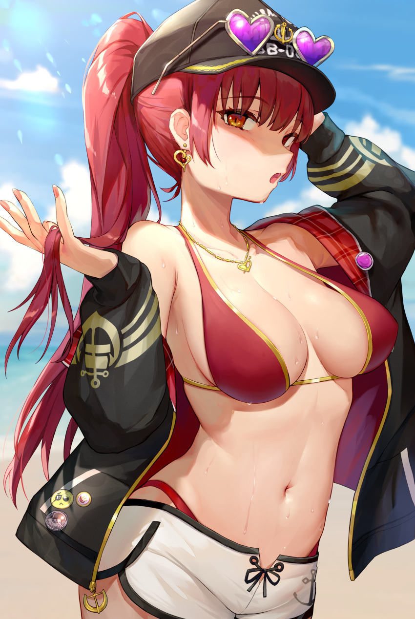 1girl absurdres anchor_symbol arrow_through_heart baseball_cap beach bikini bikini_under_clothes black_headwear black_jacket breasts cloud cowboy_shot drawstring earrings eyewear_on_head gold_trim halter_top halterneck hat heart heart-shaped_eyewear heterochromia highres holding holding_hair hololive houshou_marine ihachisu jacket jewelry large_breasts long_hair long_sleeves looking_at_viewer navel necklace ocean official_alternate_costume open_mouth ponytail red_bikini red_eyes red_hair short_shorts shorts sky solo stomach strap_gap sunglasses swimsuit twintails virtual_youtuber wet white_shorts yellow_eyes zipper_pull_tab