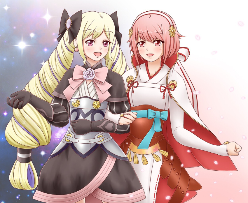 2girls amezuku armor blonde_hair bow elise_(fire_emblem) fire_emblem fire_emblem_fates hair_ornament hairband japanese_clothes locked_arms long_hair multiple_girls open_mouth pink_eyes pink_hair purple_eyes purple_hair red_hair sakura_(fire_emblem) short_hair smile twintails yuri