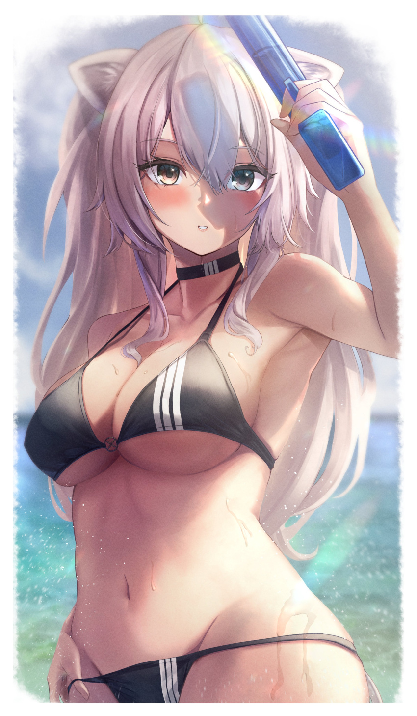 1girl absurdres anemone_noa animal_ears bikini black_bikini blue_eyes blue_sky blush border breasts brown_eyes choker cleavage commentary_request cowboy_shot day hand_on_hip hand_up highres holding holding_water_gun hololive large_breasts lion_ears long_hair looking_at_viewer navel ocean parted_lips rainbow shadow shishiro_botan sidelocks sky solo striped striped_bikini sunlight swimsuit two_side_up virtual_youtuber water water_gun wet wet_clothes wet_swimsuit white_border white_hair