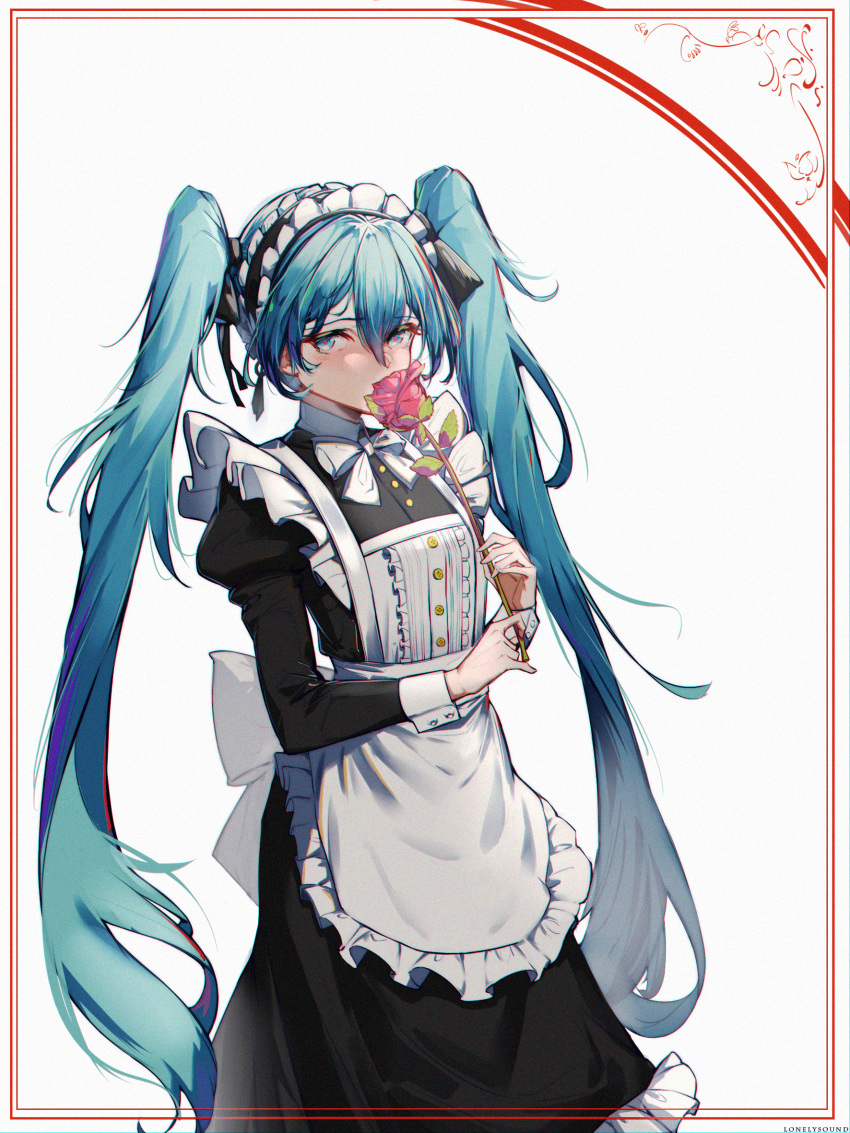 1girl alternate_costume apron back_bow bangs black_dress blue_eyes blue_hair blush border bow bowtie commentary_request cowboy_shot dress enmaided eyebrows_visible_through_hair flower frilled_apron frilled_dress frills hatsune_miku highres holding holding_flower juliet_sleeves long_hair long_sleeves looking_at_viewer maid maid_headdress pink_flower pink_rose puffy_sleeves red_border rose rzx0 simple_background solo twintails very_long_hair vocaloid white_apron white_background white_bow white_neckwear